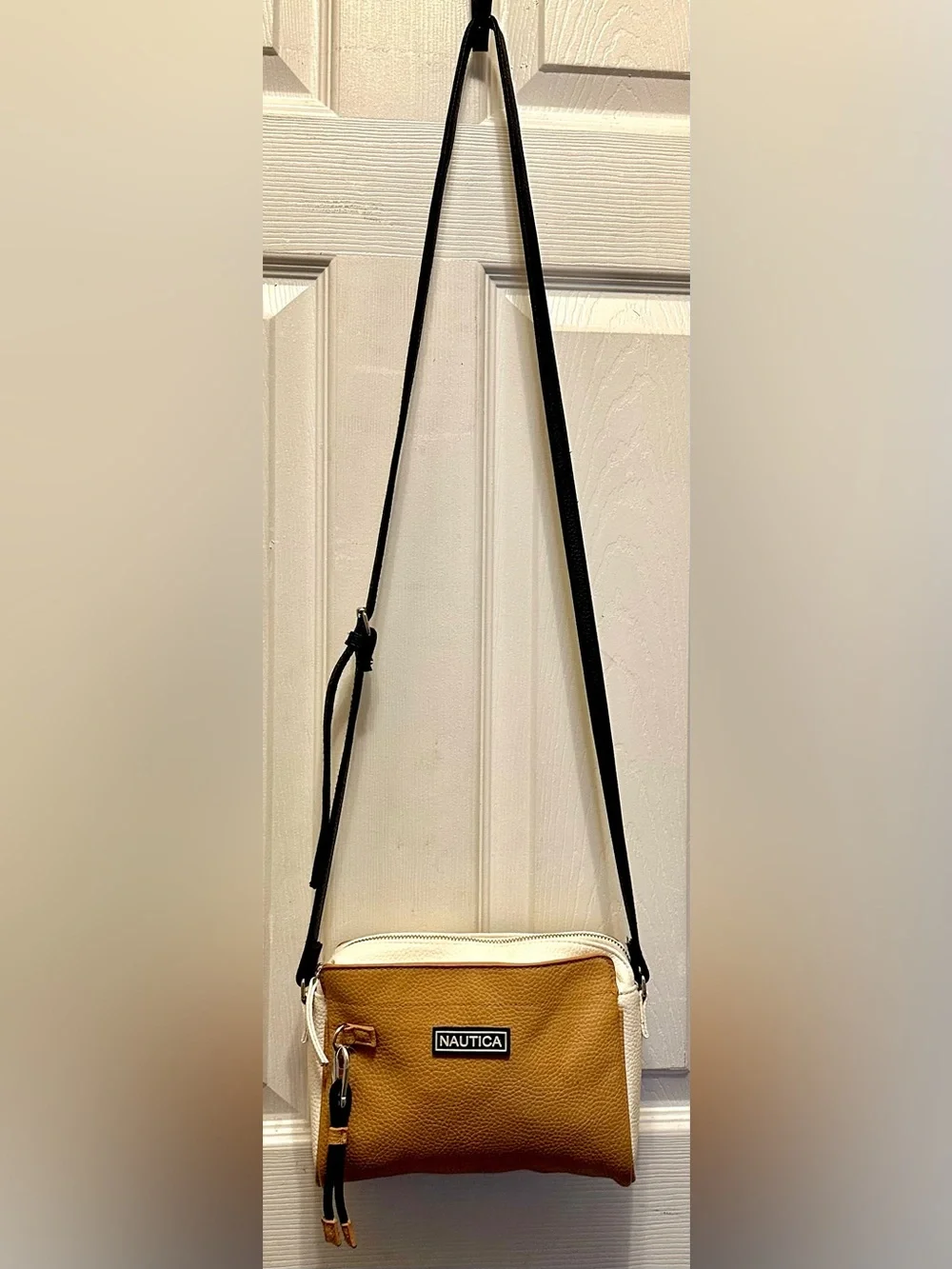 Nautica Two-Tone Tan and White Crossbody Bag with Black Strap